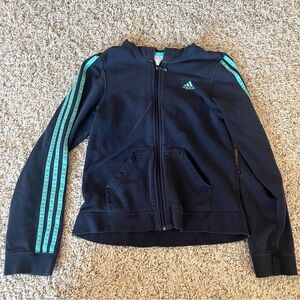 Adidas - Women’s (S) Dark Navy Blue Zip Track Jacket, Aqua Stripes